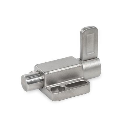 GN 722.6 Pistoncini di posizionamento a molla, acciaio INOX, con flangia per montaggio a filo, con posizione di arresto, con levetta 