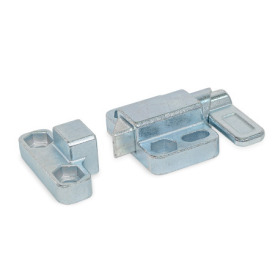 GN 724.3 Loquets à ressort, acier/inox, avec goupille chanfreinée et bride pour montage en surface Type: L - came d'indexage gauche<br />Goupille chanfreinée, n° d'identification: 4 - Chanfrein, gauche<br />Matériau/Finition: ZB - Zingué, passivé bleu<br />Cran d'arrêt, n° d'identification: 2 - Avec cran d'arrêt