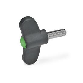 GN 633.1 Chiavette di serraggio, plastica, con perno filettato in acciaio INOX Colore della calottina: DGN - Verde, RAL 6017, finitura mat