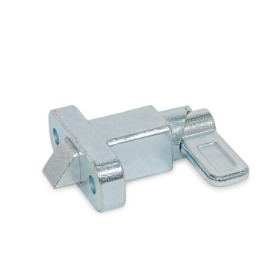 GN 724.2 Loquets à ressort, acier/inox, avec goupille chanfreinée et bride pour montage en surface N° d'identification: 1 - Chanfrein, haut<br />Type: B - Position du bras de verrouillage parallèle à la bride<br />Matériau/Finition: ZB - Zingué, passivé bleu