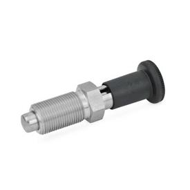 GN 817.2 Edelstahl-Rastbolzen / langer Kunststoff-Knopf Werkstoff: NI - Edelstahl<br />Form: C - mit Rastsperre, ohne Kontermutter