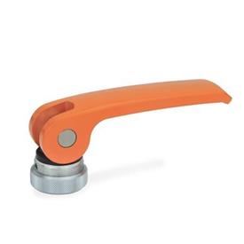 GN 927 Leviers à excentrique, levier en zinc moulé sous pression, plaque de contact en plastique, avec filetage interne Type: A - Plaque de contact en plastique avec écrou de réglage<br />Couleur: O - orange, RAL 2004