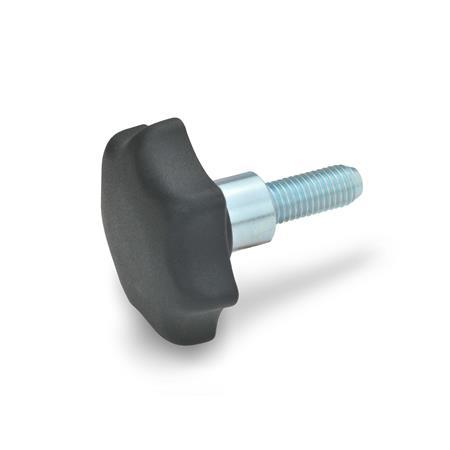Boutons étoile GN 6336.4: Plastique, goujon fileté acier, avec douille saillante en acier