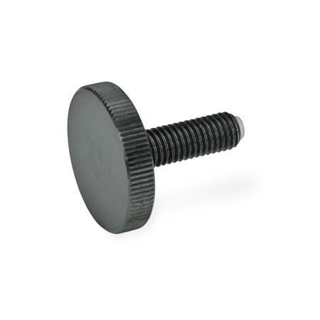 Vis moletées plates GN 653.10: Acier, avec pivot en laiton/plastique