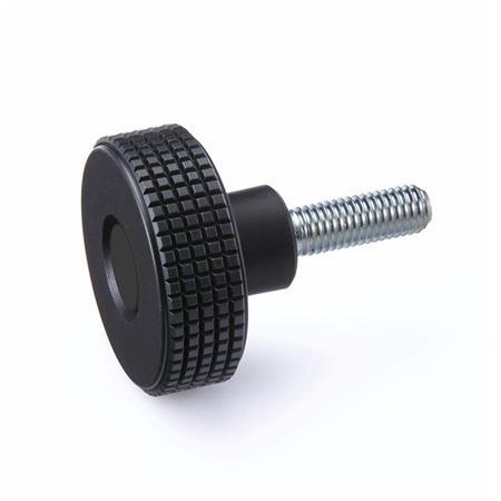 Manopole zigrinate con prigioniero filettato GN 534: Plastica, perno filettato accacio, calottina nera