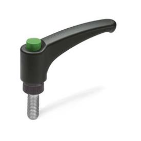 GN 603.1 Maniglie a ripresa con pulsante di sblocco, plastica, perno filettato in acciaio INOX Colore (pulsante di sblocco): DGN - verde, RAL 6017, finitura lucida