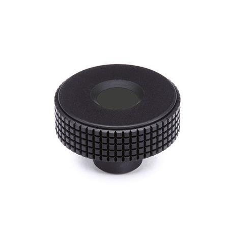 Manopole zigrinate GN 534: Plastica, boccola filettata ottone, calottina nera