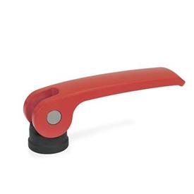 GN 927 Leviers à excentrique, levier en zinc moulé sous pression, plaque de contact en plastique, avec filetage interne Type: B - Plaque de contact en plastique sans écrou de réglage<br />Couleur: R - rouge, RAL 3000