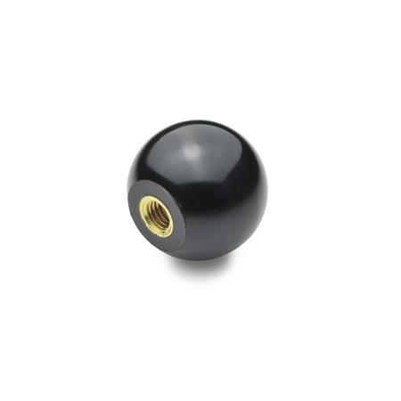 DIN 319 Impugnature fisse a sfera, plastica con inserto in ottone Materiale: KU - Plastica
Tipo: E - Con boccola maschiata
Materiale della boccola: MS - Ottone