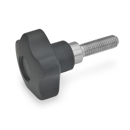 Volantini di serraggio di sicurezza a stella GN 5337.3: Plastica, perno filettato acciaio / acciaio INOX, innesto a pressione