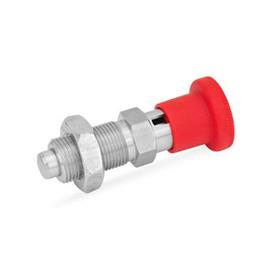 GN 817 Edelstahl-Rastbolzen mit rotem Knopf Werkstoff: NI - Edelstahl<br />Form: CK - mit Rastsperre, mit Kontermutter<br />Farbe: RT - rot, RAL 3000, matt