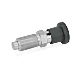 GN 817 Edelstahl-Rastbolzen / Kunststoff-Knopf Werkstoff: NI - Edelstahl<br />Form: C - mit Rastsperre, ohne Kontermutter