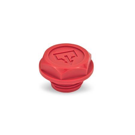 GN 740.2 Tappi filettati con simbolo grafico &quot;scarico&quot; secondo norme DIN, con plastica, colore rosso, O-Ring bordato 