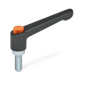 GN 303.2 Manettes indexables, zinc moulé sous pression, insert acier zinguée, goujon fileté , avec bouton de déverrouillage Couleur du bouton de déverrouillage: O - orange, RAL 2004