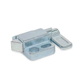 GN 724.3 Loquets à ressort, acier/inox, avec goupille chanfreinée et bride pour montage en surface Type: L - came d'indexage gauche<br />Goupille chanfreinée, n° d'identification: 3 - Chanfrein, droit<br />Matériau/Finition: ZB - Zingué, passivé bleu<br />Cran d'arrêt, n° d'identification: 1 - Sans cran d'arrêt