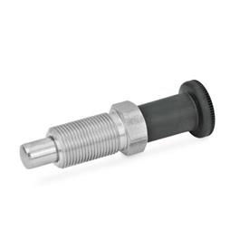 GN 817.2 Edelstahl-Rastbolzen / langer Kunststoff-Knopf Werkstoff: NI - Edelstahl<br />Form: B - ohne Rastsperre, ohne Kontermutter