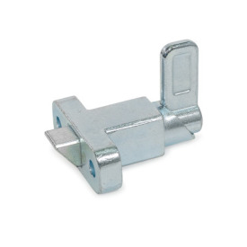 GN 724.2 Loquets à ressort, acier/inox, avec goupille chanfreinée et bride pour montage en surface N° d'identification: 2 - Chanfrein, bas<br />Type: A - Position du bras de verrouillage perpendiculaire à la bride<br />Matériau/Finition: ZB - Zingué, passivé bleu