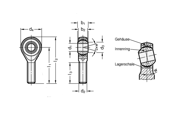 DIN 648-K Teste a snodo in acciaio inox con filettatura esterna TESCUBAL, esenti da manutenzione, bronzo speciale autolubrificante disegno