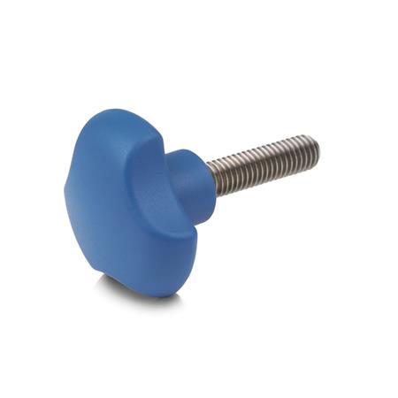 Volantini di serraggio a tre lobi a sezione piena GN 5342: Plastica, rilevabile, a norma FDA, perno filettato acciaio INOX