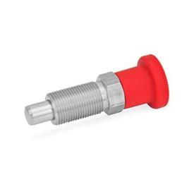 GN 817 Edelstahl-Rastbolzen mit rotem Knopf Werkstoff: NI - Edelstahl<br />Form: B - ohne Rastsperre, ohne Kontermutter<br />Farbe: RT - rot, RAL 3000, matt