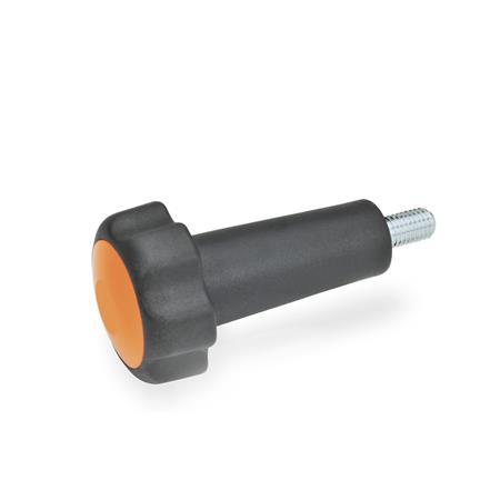 Boutons étoile avec goujon fileté GN 5332: Plastique, goujon fileté, avec arbre allongé