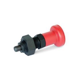 GN 617.2 Rastbolzen, Führung Kunststoff, Raststift Stahl, mit rotem Knopf Form: BK - ohne Rastsperre, mit Kontermutter<br />Werkstoff: ST - Stahl