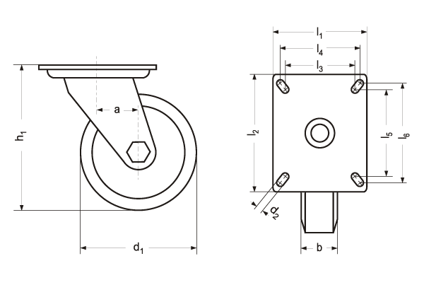 HA 5201 Transportgeräte-Lenkrollen, Polyamid / Gleit- oder Rollenlager, Edelstahl, mit Bremse Skizze