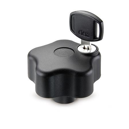 Volantini di serraggio di sicurezza a stella GN 5337.9: Plastica, boccola filettata ottone, con serratura
