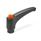 GN 603 Manettes indexables, plastique, douille en laiton, avec bouton de déverrouillage Couleur du bouton de déverrouillage: DOR - orange, RAL 2004, brillant