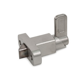 GN 724.2 Loquets à ressort, acier/inox, avec goupille chanfreinée et bride pour montage en surface N° d'identification: 4 - Chanfrein, gauche<br />Type: A - Position du bras de verrouillage perpendiculaire à la bride<br />Matériau/Finition: NI - Inox, moulage de précision