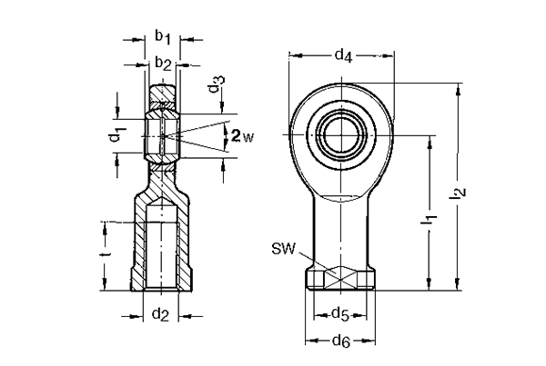 DIN 648-E Teste a snodo strette in acciaio inox con filettatura interna, esenti da manutenzione disegno