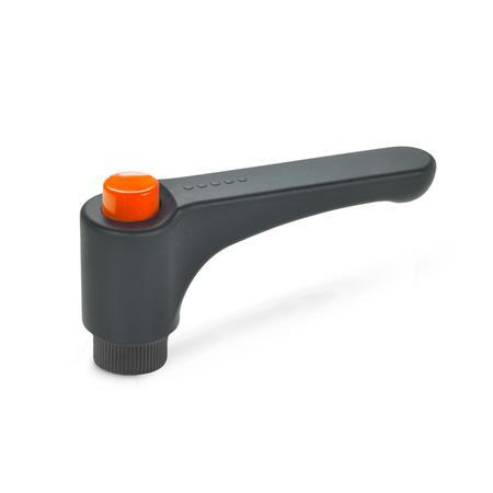 GN 600 Flache verstellbare Klemmhebel mit Ausrastknopf, Kunststoff, Buchse Messing Farbe: DOR - orange, RAL 2004, glänzend