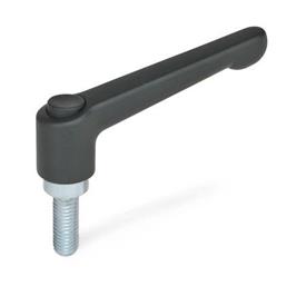 GN 303.2 Manettes indexables, zinc moulé sous pression, insert acier zinguée, goujon fileté , avec bouton de déverrouillage Couleur du bouton de déverrouillage: S - noir, RAL 9005