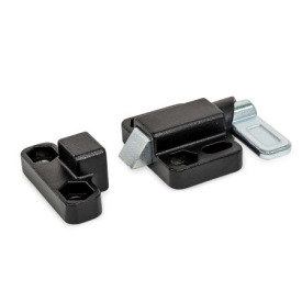 GN 724.3 Loquets à ressort, acier/inox, avec goupille chanfreinée et bride pour montage en surface Type: L - came d'indexage gauche<br />Goupille chanfreinée, n° d'identification: 1 - Chanfrein, haut<br />Matériau/Finition: SW - noir, RAL 9005, finition texturée<br />Cran d'arrêt, n° d'identification: 2 - Avec cran d'arrêt