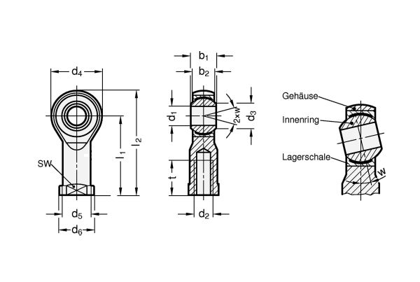 DIN 648-K Teste a snodo in acciaio inox con filettatura interna TESCUBAL, esenti da manutenzione, bronzo speciale autolubrificante disegno