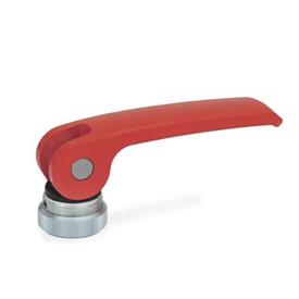 GN 927 Leviers à excentrique, levier en zinc moulé sous pression, plaque de contact en plastique, avec filetage interne Type: A - Plaque de contact en plastique avec écrou de réglage<br />Couleur: R - rouge, RAL 3000