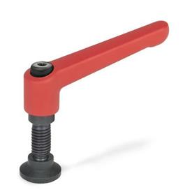GN 306 Manettes indexables, zinc moulé sous pression, insert acier, avec goujons filetés, avec pointes spéciales Couleur: RS - rouge, RAL 3000, finition texturée<br />Type: KD - Extrémité sphérique, avec patin