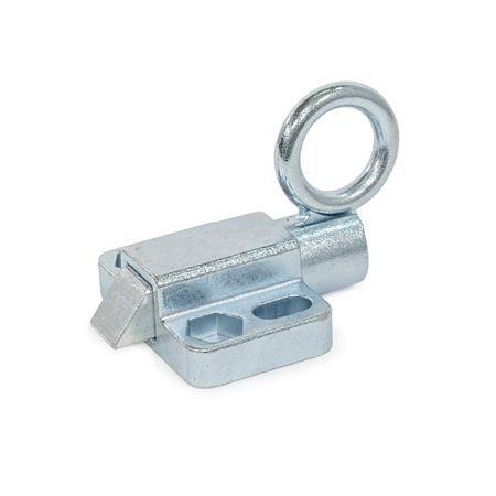 GN 724.6 Doigts d'indexage, acier/inox, avec goupille chanfreinée et bride pour montage en surface Type: C1 - Chanfrein, haut
Matériau/finition: ZB - Zingué, passivé bleu
Identification no.: 1 - Sans contre-pièce