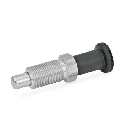 GN 817.2 Edelstahl-Rastbolzen / langer Kunststoff-Knopf Werkstoff: NI - Edelstahl
Form: B - ohne Rastsperre, ohne Kontermutter