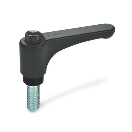 Manettes indexables plates GN 600: Plastique, goujon fileté en acier, avec bouton de déverrouillage