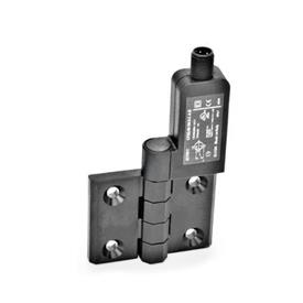 GN 239.4 Schaltscharniere mit Anschlussstecker Kennzeichen: SR - Bohrungen für Senkschraube, Schalter rechts<br />Form: AS - Anschlussstecker oben