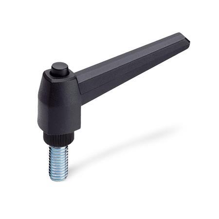 Manettes indexables GN 503: Plastique, goujon fileté, avec bouton de déverrouillage