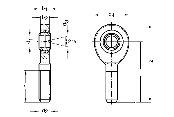 DIN 648-E Teste a snodo strette in acciaio inox con filettatura esterna, esenti da manutenzione disegno