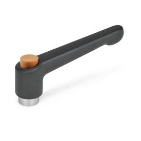 GN 303.1 Manettes indexables, Zinc moulé sous pression, Insert Acier inoxydable, avec filetage femelle, avec bouton de déverrouillage Couleur du bouton de déverrouillage: O - orange, RAL 2004