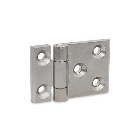 GN 237.3 Charnières à usage intensif, Inox, allongées dans le sens horizontal Type: A - avec alésages pour vis à tête fraisée
Finition: GS - finition grenaillée mate
Ailettes de charnière: l3 ≠ l4 - allongé sur une face