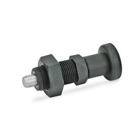 GN 617.2 Rastbolzen, Führung Kunststoff, Raststift Edelstahl Werkstoff: NI - Edelstahl<br />Form: BK - ohne Rastsperre, mit Kontermutter