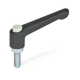 GN 303.2 Manettes indexables, zinc moulé sous pression, insert acier zinguée, goujon fileté , avec bouton de déverrouillage Couleur du bouton de déverrouillage: G - gris, RAL 7035