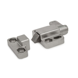GN 724.3 Loquets à ressort, acier/inox, avec goupille chanfreinée et bride pour montage en surface Type: R - came d'indexage droite<br />Goupille chanfreinée, n° d'identification: 1 - Chanfrein, haut<br />Matériau/Finition: NI - Inox, moulage de précision<br />Cran d'arrêt, n° d'identification: 2 - Avec cran d'arrêt